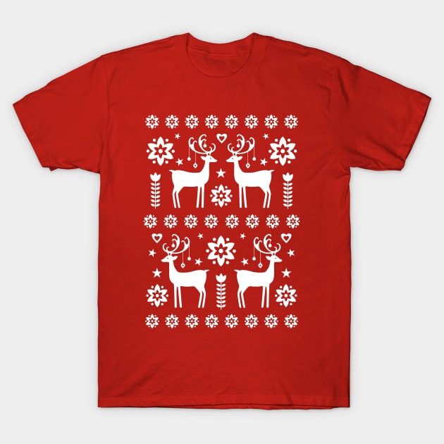 Scandinavian Vintage Christmas Reindeer Pattern Red T-Shirt by PUFFYP